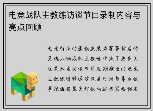 电竞战队主教练访谈节目录制内容与亮点回顾