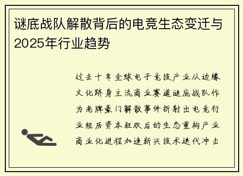 谜底战队解散背后的电竞生态变迁与2025年行业趋势