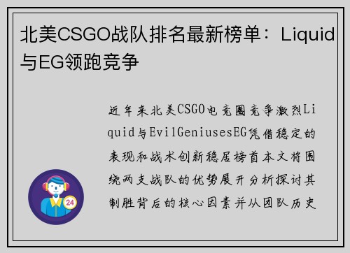 北美CSGO战队排名最新榜单：Liquid与EG领跑竞争