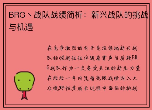 BRG丶战队战绩简析：新兴战队的挑战与机遇